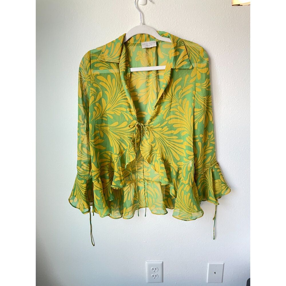 DRESS FORUM Sheer Tie Front Top S Retro Green Yellow Ruffle Blouse